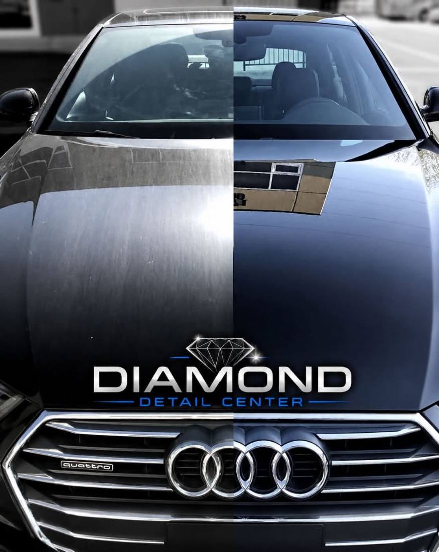 Audi hood split down the middle: dull, swirled paint on the left, corrected mirror gloss on the right